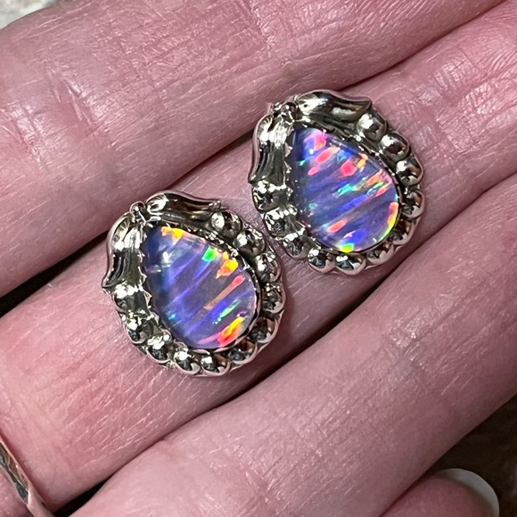 Sterling Silver Southwestern Style Stud Earrings With Colorful Cabochon - Picture 15 of 15